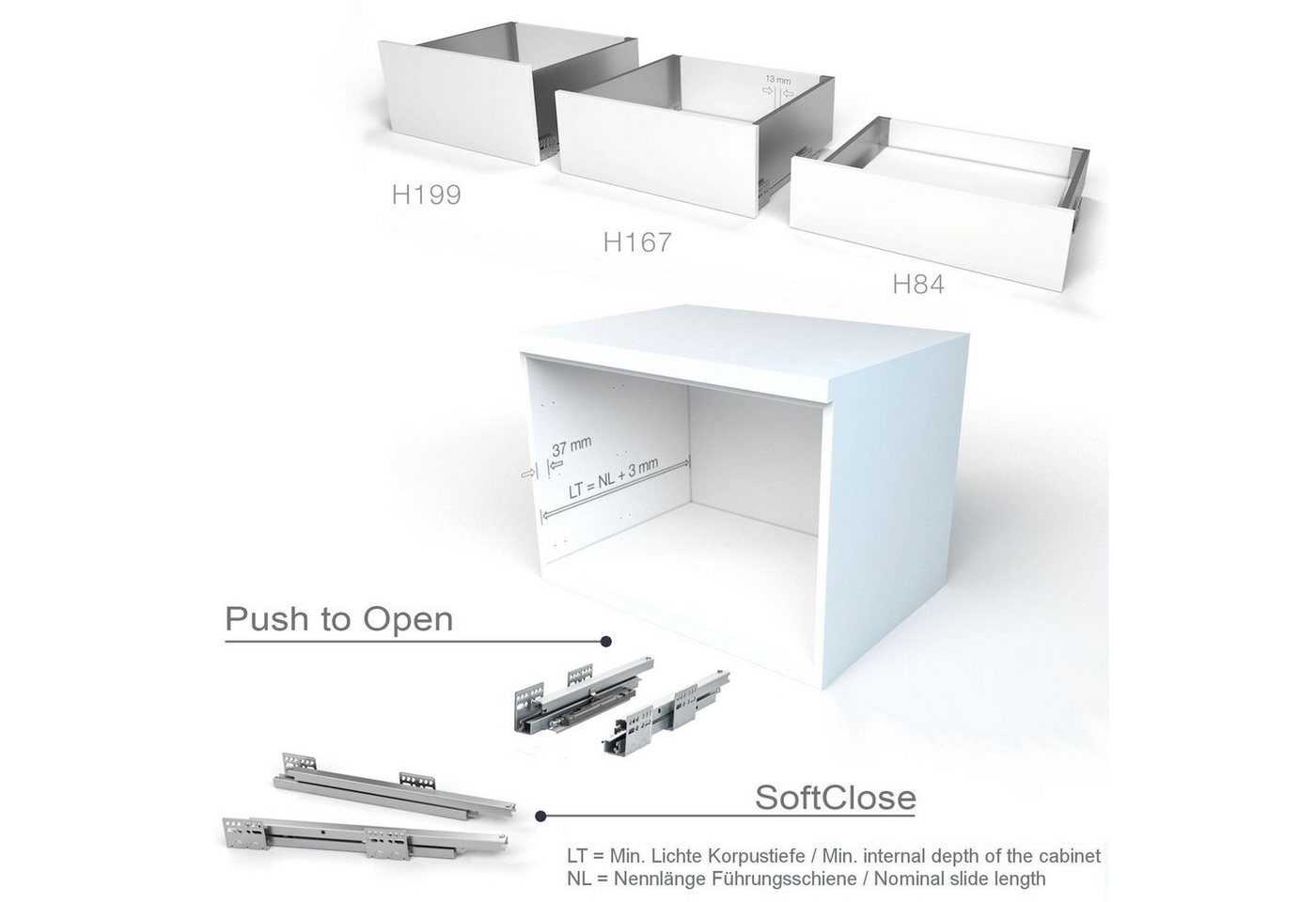 SO-TECH® Schubkasten System JUNKER SLIM H: 84 mm, bis 35 kg Last mit Push to Open, weiß, mit 13 mm schlanke Schubladenzargen, Nennlänge 500 mm – Bild 3 von 5