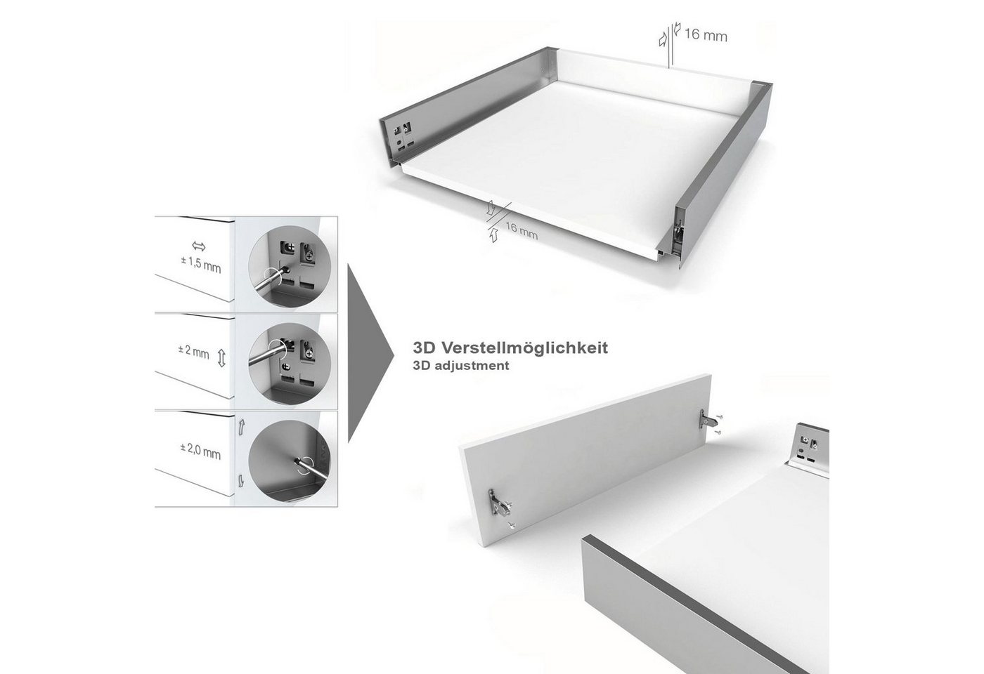SO-TECH® Schubkasten System JUNKER SLIM H: 84 mm, bis 35 kg Last mit Push to Open, weiß, mit 13 mm schlanke Schubladenzargen, Nennlänge 500 mm – Bild 4 von 5