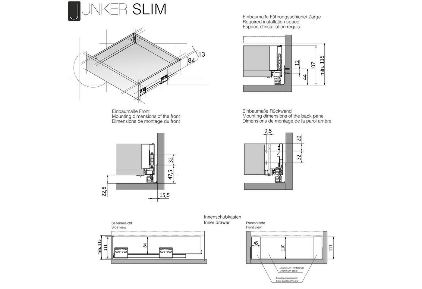 SO-TECH® Schubkasten System JUNKER SLIM H: 84 mm, bis 35 kg Last mit Push to Open, weiß, mit 13 mm schlanke Schubladenzargen, Nennlänge 500 mm – Bild 5 von 5