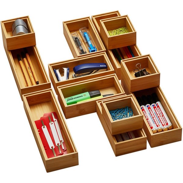 SO-TECH® Schubkasteneinsatz Stapelbare ORGA-BOX BAMBUS Schubladen Aufbewahrungsboxen, 12er Set