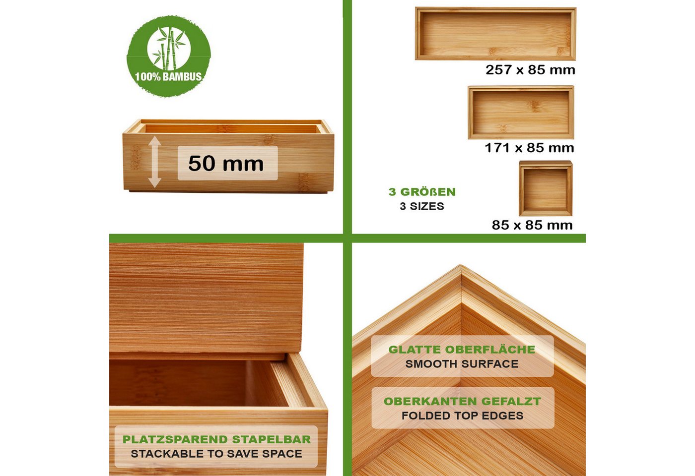 SO-TECH® Schubkasteneinsatz Stapelbare ORGA-BOX BAMBUS Schubladen Aufbewahrungsboxen, 12er Set – Bild 3 von 5