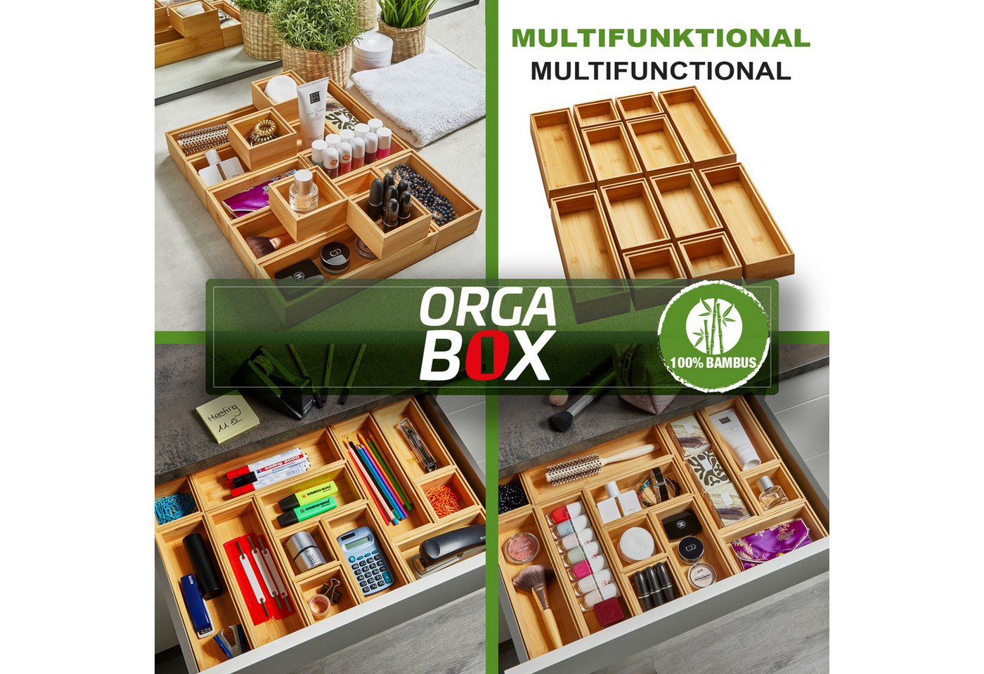 SO-TECH® Schubkasteneinsatz Stapelbare ORGA-BOX BAMBUS Schubladen Aufbewahrungsboxen, 12er Set – Bild 4 von 5