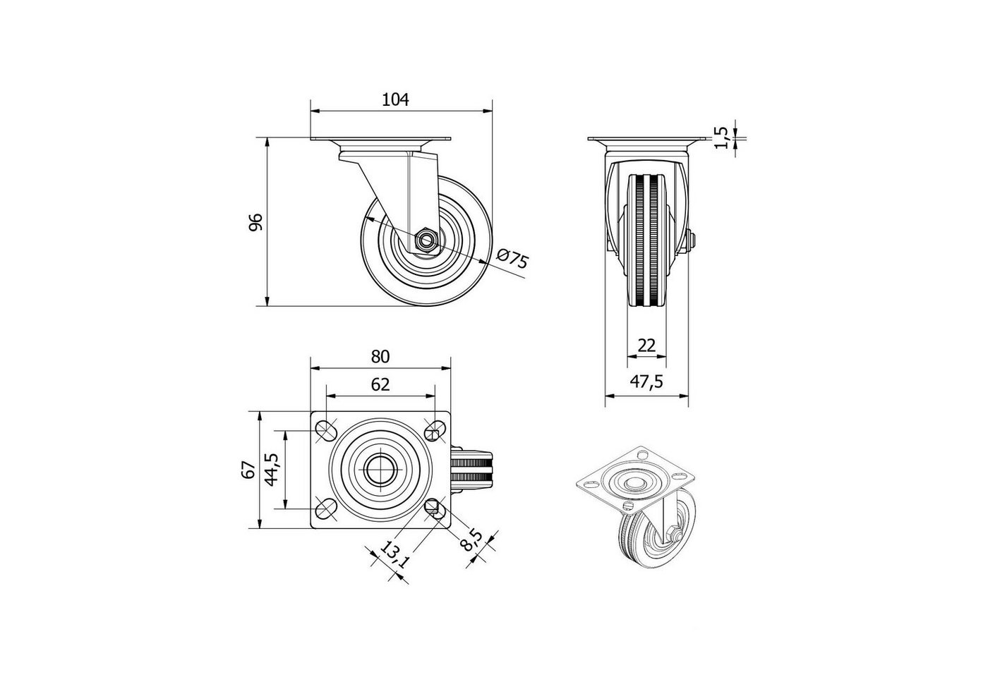 SO-TECH® Schwerlastrolle 4er Set Transportrollen RED, 75 - 100 mm, inkl. Schrauben, 4x Lenkrollen Ø 75 mm Tragkraft bis 280 kg / Set – Bild 4 von 5