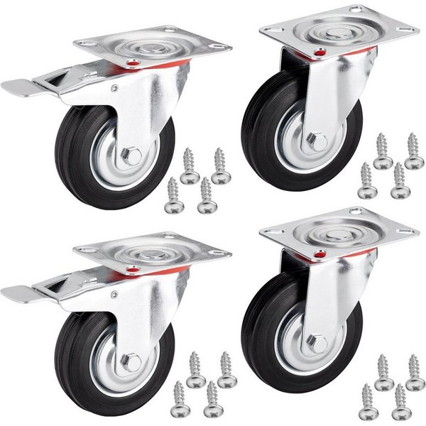 SO-TECH® Schwerlastrolle 4er Set Transportrollen RED, 75 - 100 mm, inkl. Schrauben, 2x Lenkrollen, 2x Lenkrollen mit Bremse Ø 100 mm bis 360 kg