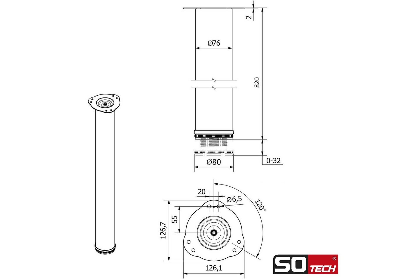 SO-TECH® Tischbein Ø 76 / 80 mm, belastbar bis 75 kg pro Stück, H: 82cm, Stahl, weiß, höhenverstellbar bis 32mm, 1x – Bild 5 von 5