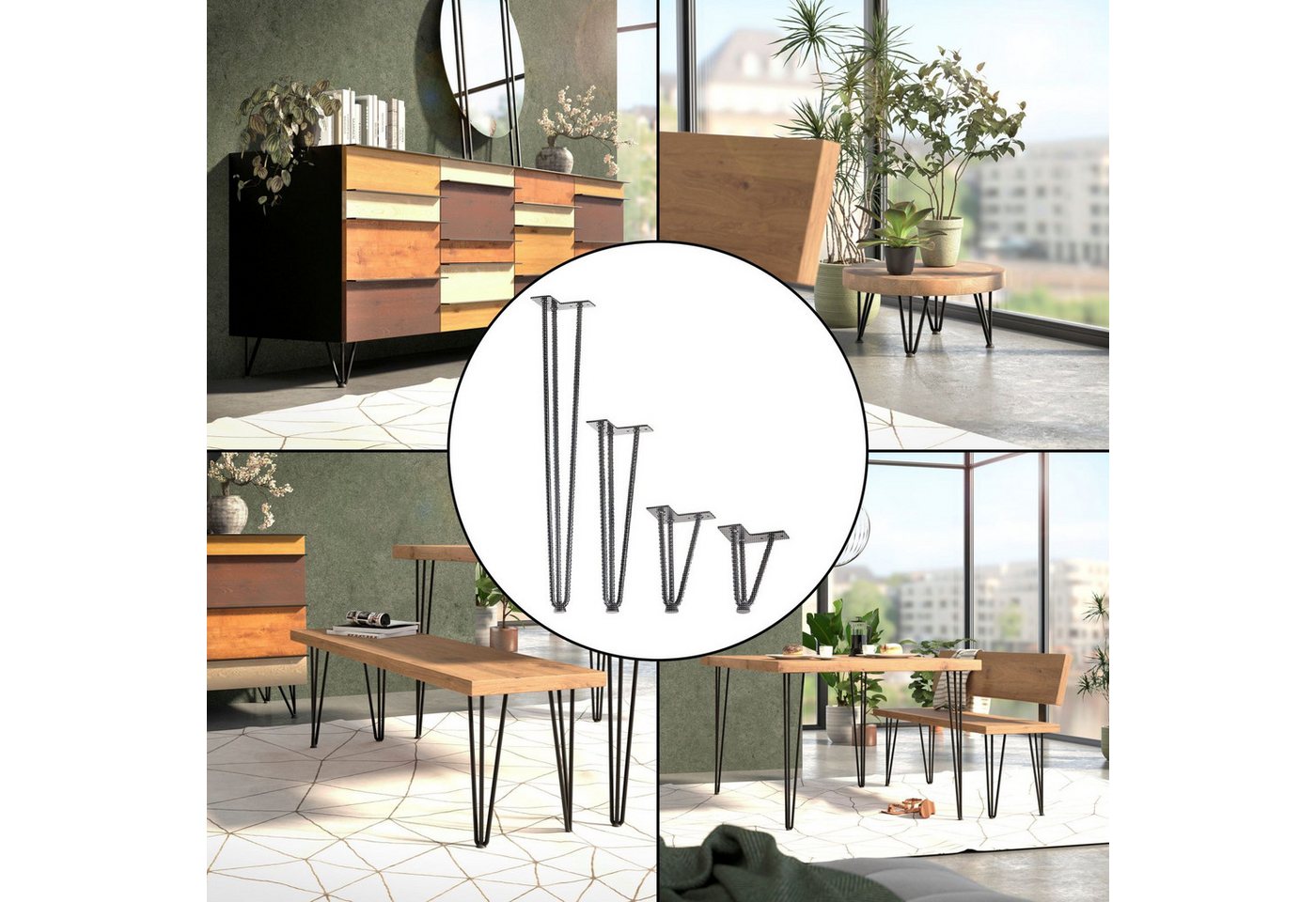 SO-TECH® Tischbein Haarnadelbeine mit Bodenschutz Montageplatte 12x12cm, schwarz lackiert Höhe 150 mm (Rundstahl) – Bild 3 von 5