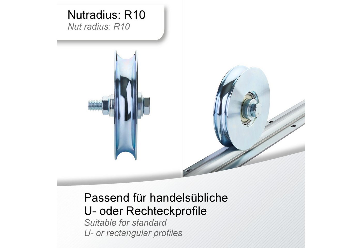 SO-TECH® Torbeschlag Schiebetürbeschlag, Schiebetorrolle oder Laufschiene (1 St), Torrolle, Ø120 (R10), inkl. Montageset, Stahl, verzinkt – Bild 2 von 5