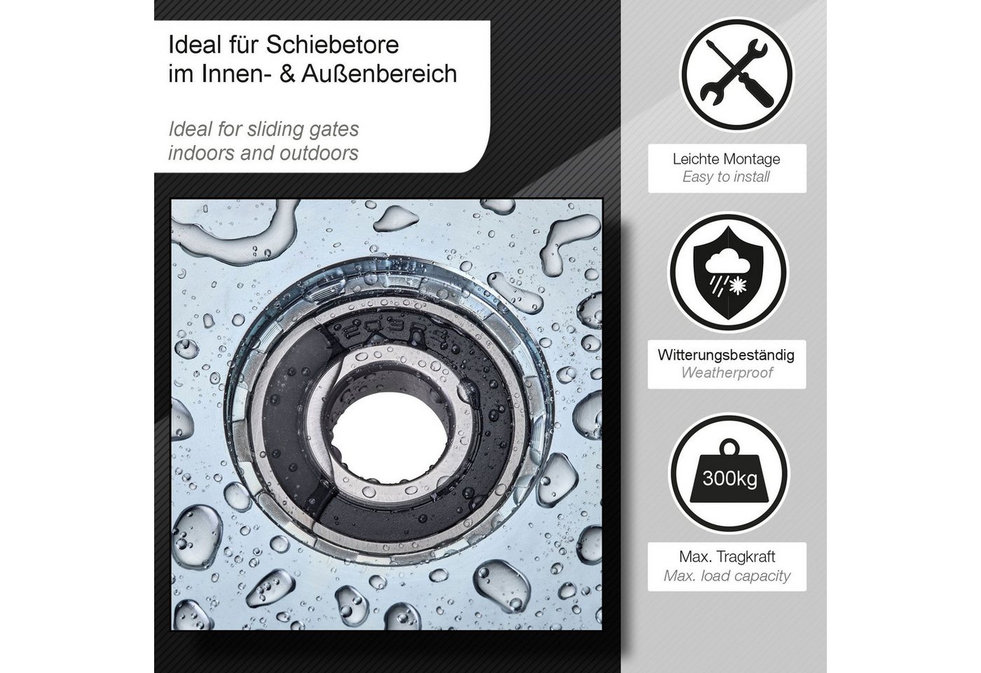 SO-TECH® Torbeschlag Schiebetürbeschlag, Schiebetorrolle oder Laufschiene (1 St), Torrolle, Ø120 (R10), inkl. Montageset, Stahl, verzinkt – Bild 3 von 5