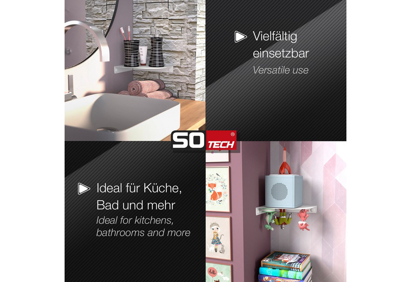 SO-TECH® Wandregal Eckregal HOVER 20/30 x 15/20 x 3 cm inkl. Befestigungsset, 2-tlg., Wandmontage, für Bad Küche oder Wohnzimmer, Weiß – Bild 5 von 5