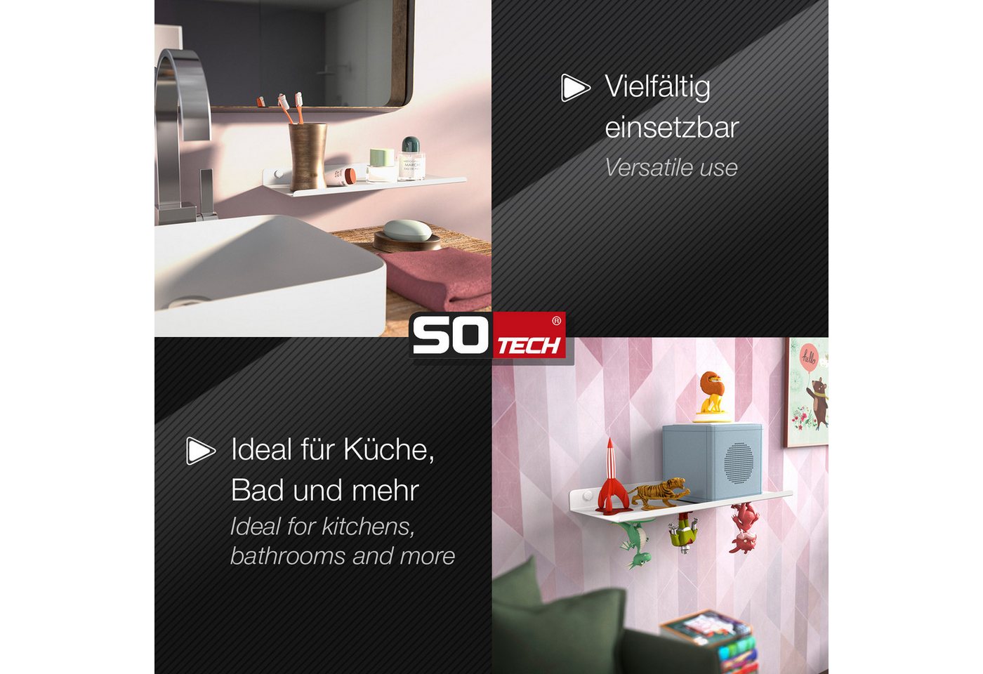 SO-TECH® Wandregal Schweberegal HOVER 35/45 x 13 x 3 cm inkl. Befestigungsset, 2-tlg., Wandmontage, für Bad Küche oder Wohnzimmer, Weiß – Bild 5 von 5