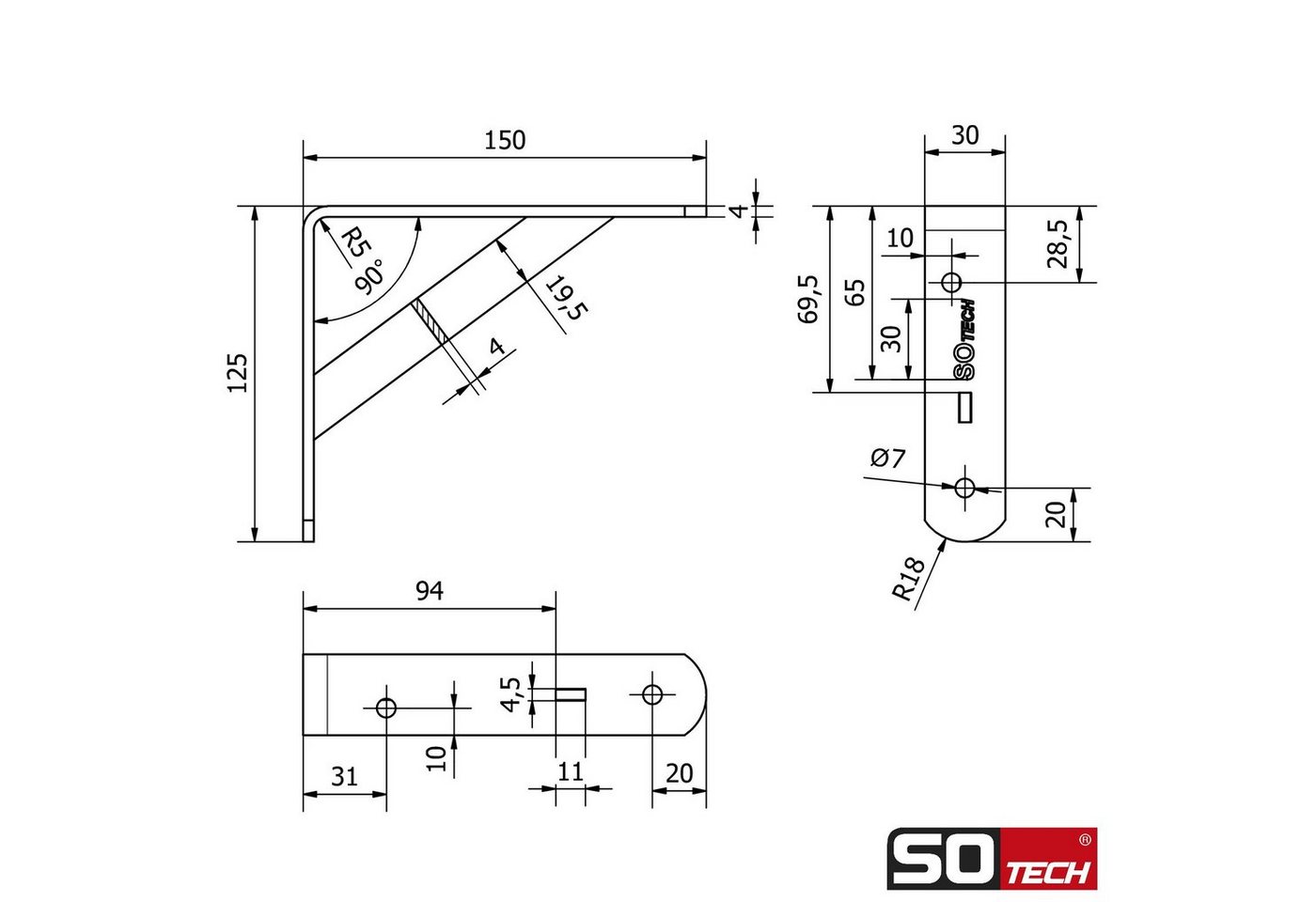 SO-TECH® Wandregalhalter Regalkonsolen mit Querstrebe zur Stabilisierung, 2-tlg., 150 x 125 x 30 mm, schwarz, pulverbeschichtet – Bild 5 von 5