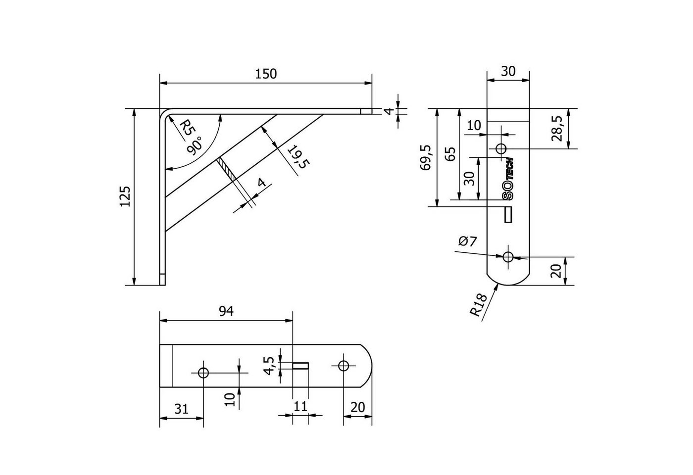 SO-TECH® Wandregalhalter Regalkonsolen mit Querstrebe zur Stabilisierung, 1-tlg., 250 x 150 x 30 mm, weiß, pulverbeschichtet – Bild 4 von 5
