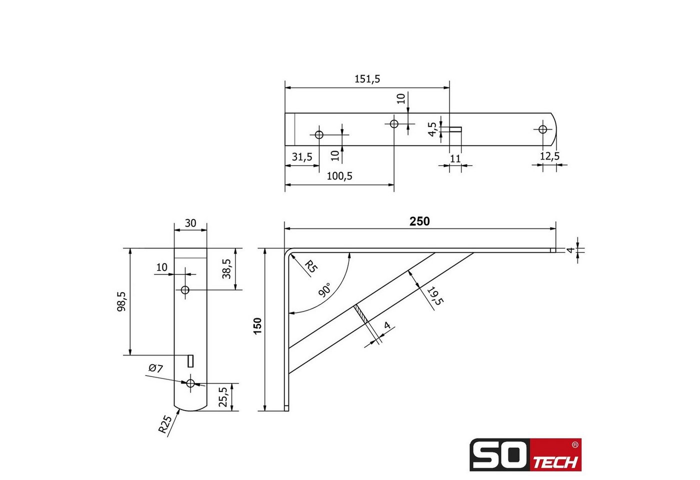 SO-TECH® Wandregalhalter Schwerlast-Konsole Regalkonsole BLACKLINE I schwarz, Spar-Set 4-tlg., Tragkraft bis zu 200 kg / Paar - 25 x 15 x 3 x 0,4 cm – Bild 5 von 5