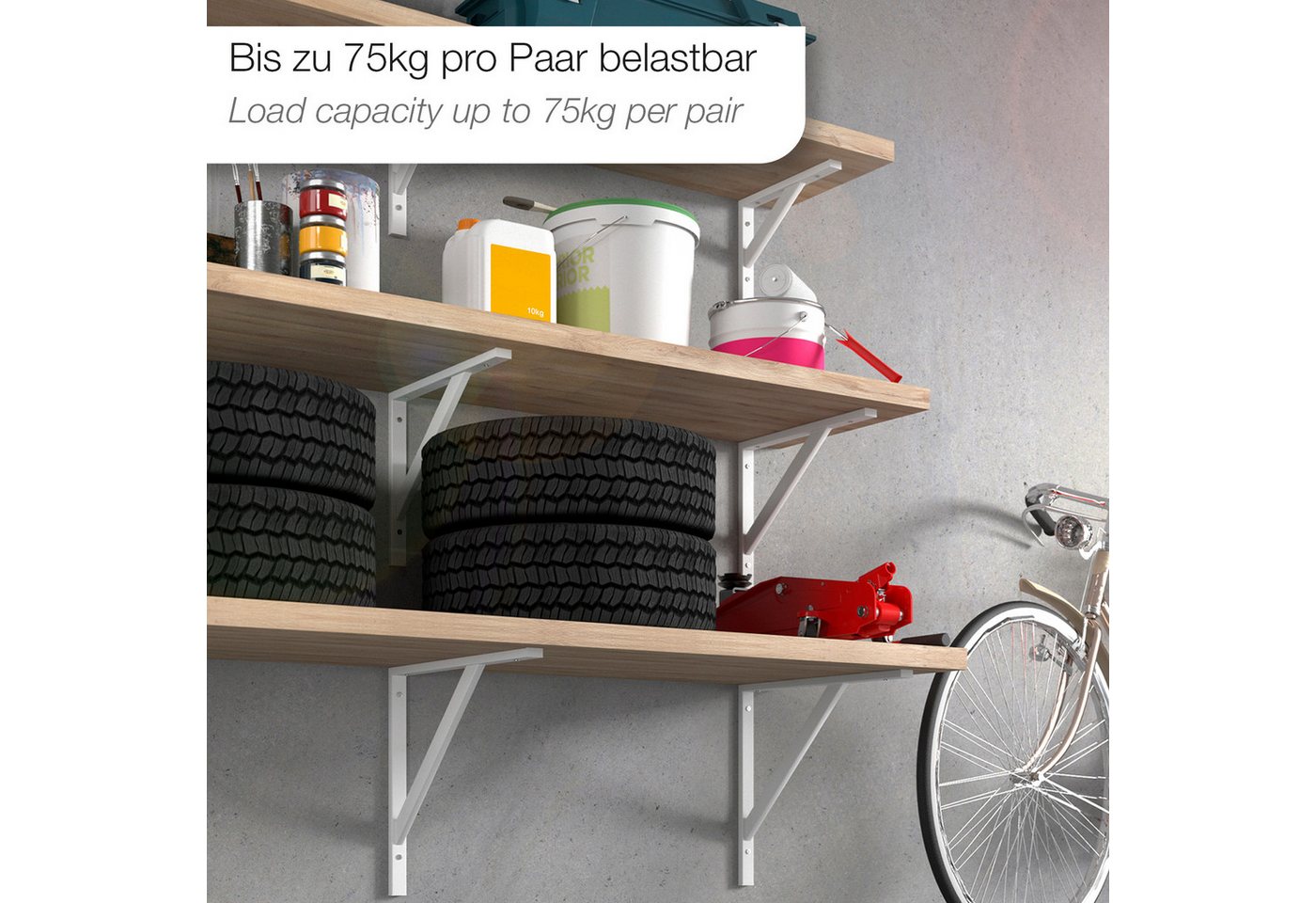 SO-TECH® Wandregalhalter Schwerlastkonsole Schwerlastwinkel Regalwinkel Wandkonsole, 1-tlg., Stahl, Tragkraft 75 kg / Paar, 295 x 215 mm weiß – Bild 2 von 5