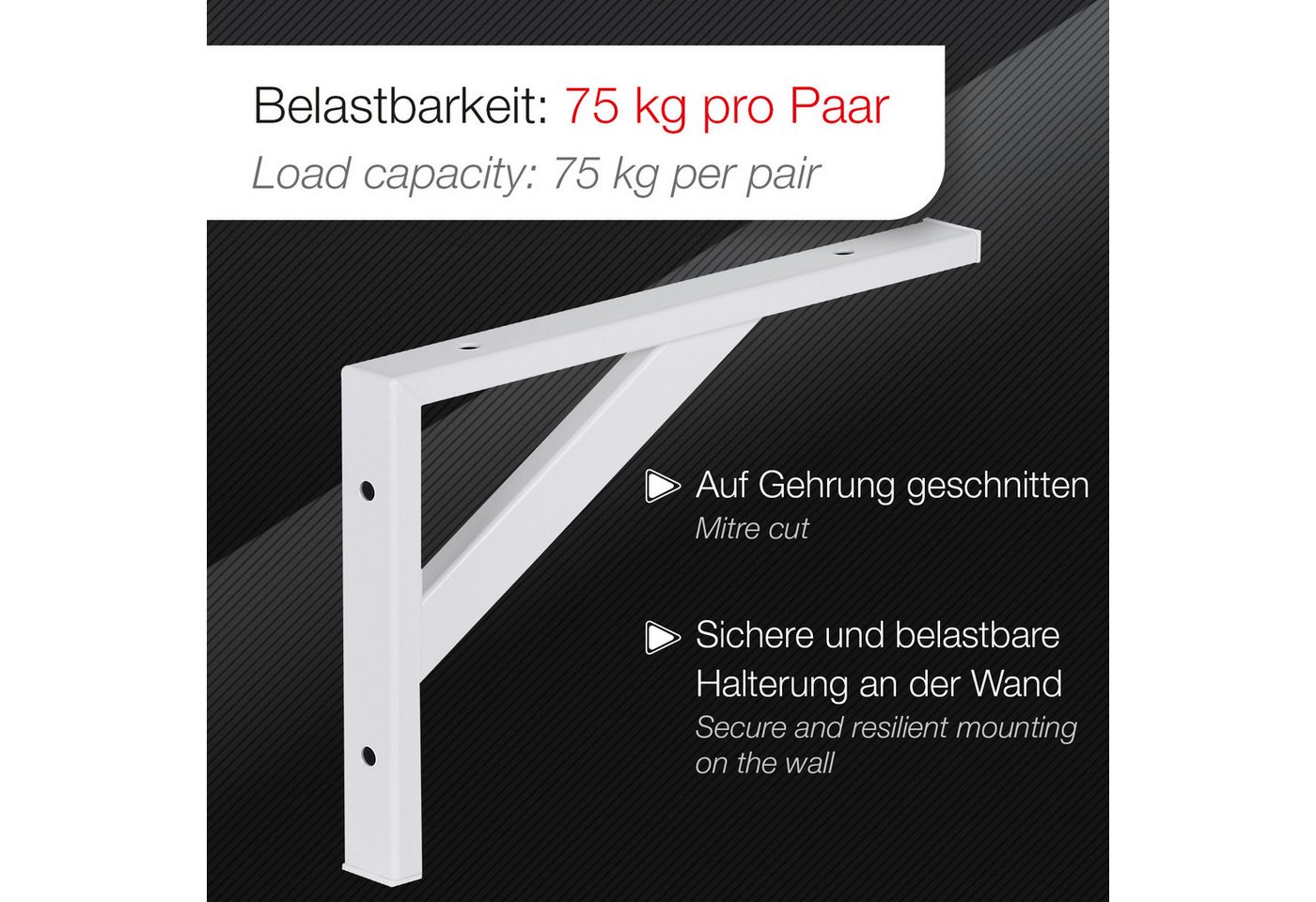 SO-TECH® Wandregalhalter Schwerlastkonsole Schwerlastwinkel Regalwinkel Wandkonsole, 1-tlg., Stahl, Tragkraft 75 kg / Paar, 295 x 215 mm weiß – Bild 4 von 5