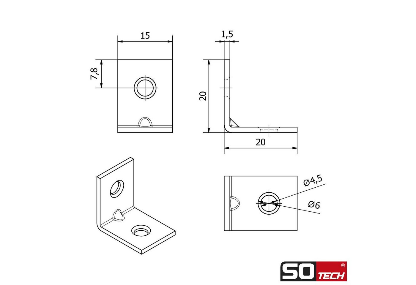 SO-TECH® Winkelverbinder L-Winkel gerade, Stahl verzinkt, Lochung gesenkt, LxB: 2x1.5 mm, (10-St), Möbelwinkel mit Sicke, 20 x 20 x 15 x 1,5 mm – Bild 5 von 5