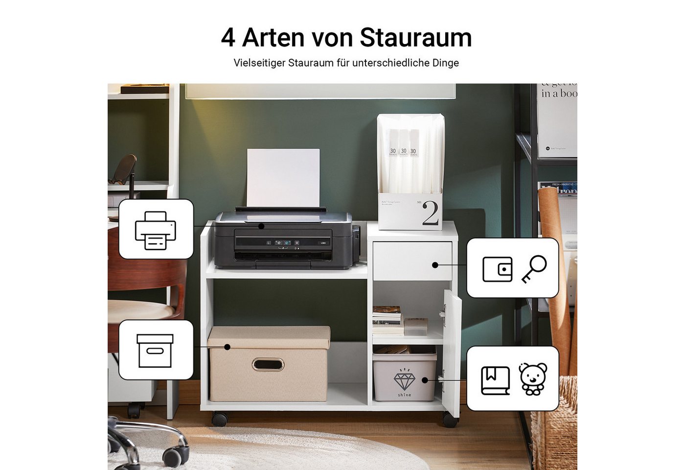 SoBuy Aktenschrank ASK02, Druckertisch Rollcontainer, Aktenschrank mit Schublade Aktenschrankwagen Druckerständer Druckerschrank mit Rollen – Bild 2 von 5