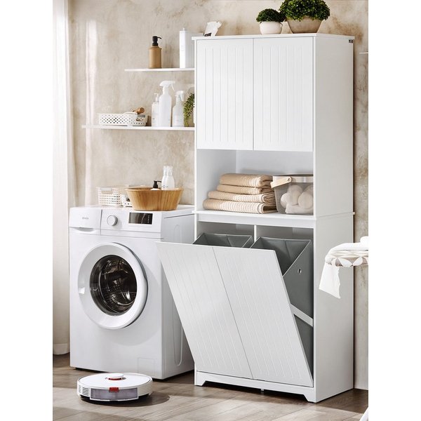 SoBuy Badkommode BZR150, Badschrank schmal, mit Regal, Platzsparendes Badmöbel Weiß, Badezimmerschrank mit Wäschesack Wäscheschrank Badschrank Hochschrank