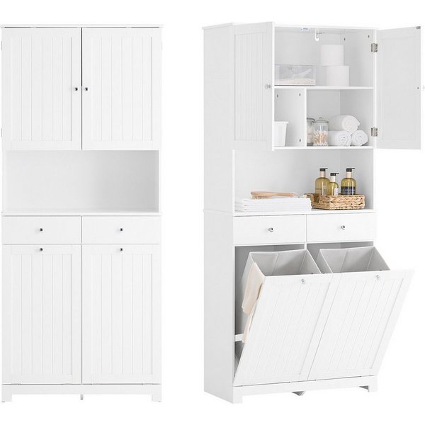 SoBuy Badkommode BZR215, Badezimmerschrank, 4-in-1 Hochschrank, Aufbewahrungsschrank, Wäscheschrank Badschrank mit 2 Wäschekörben, 2 Schubladen offenes Fach
