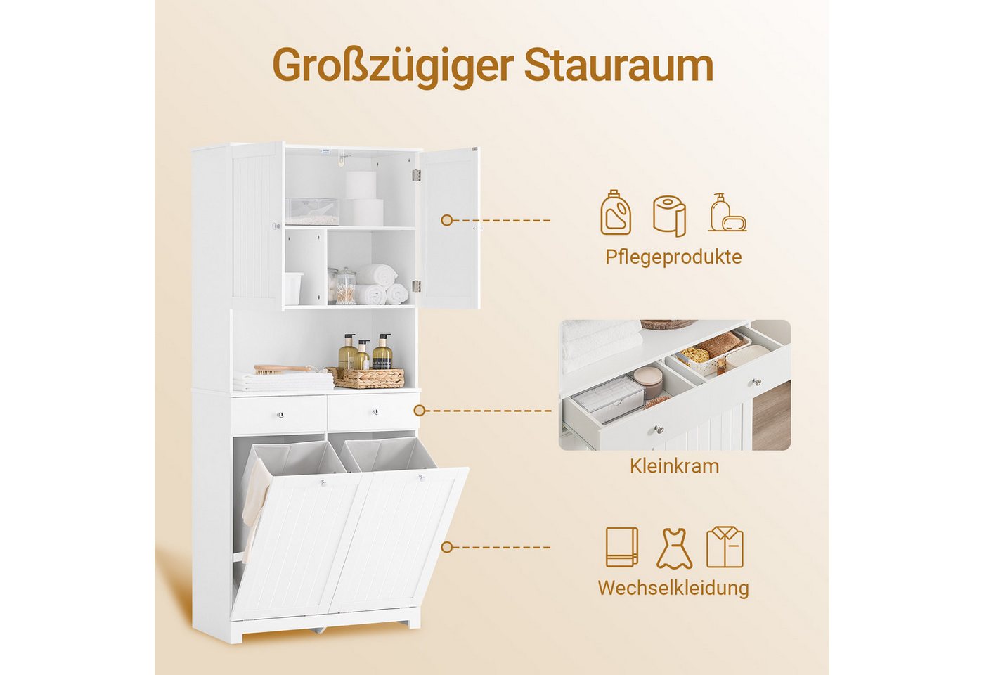 SoBuy Badkommode BZR215, Badezimmerschrank, 4-in-1 Hochschrank, Aufbewahrungsschrank, Wäscheschrank Badschrank mit 2 Wäschekörben, 2 Schubladen offenes Fach – Bild 3 von 5
