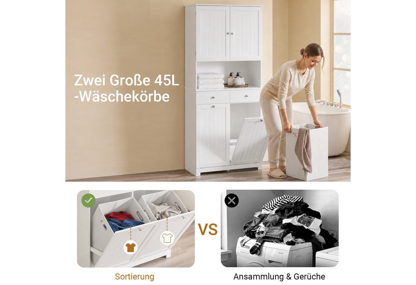 SoBuy Badkommode BZR215, Badezimmerschrank, 4-in-1 Hochschrank, Aufbewahrungsschrank, Wäscheschrank Badschrank mit 2 Wäschekörben, 2 Schubladen offenes Fach – Bild 5 von 5