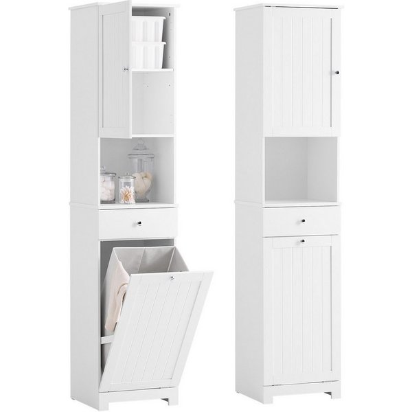 SoBuy Badkommode BZR216, Badezimmerschrank, 4-in-1 Hochschrank, Aufbewahrungsschrank, Badschrank schmal, offene Fächer, 1 Schublade, mit Wäschekorb & Türen