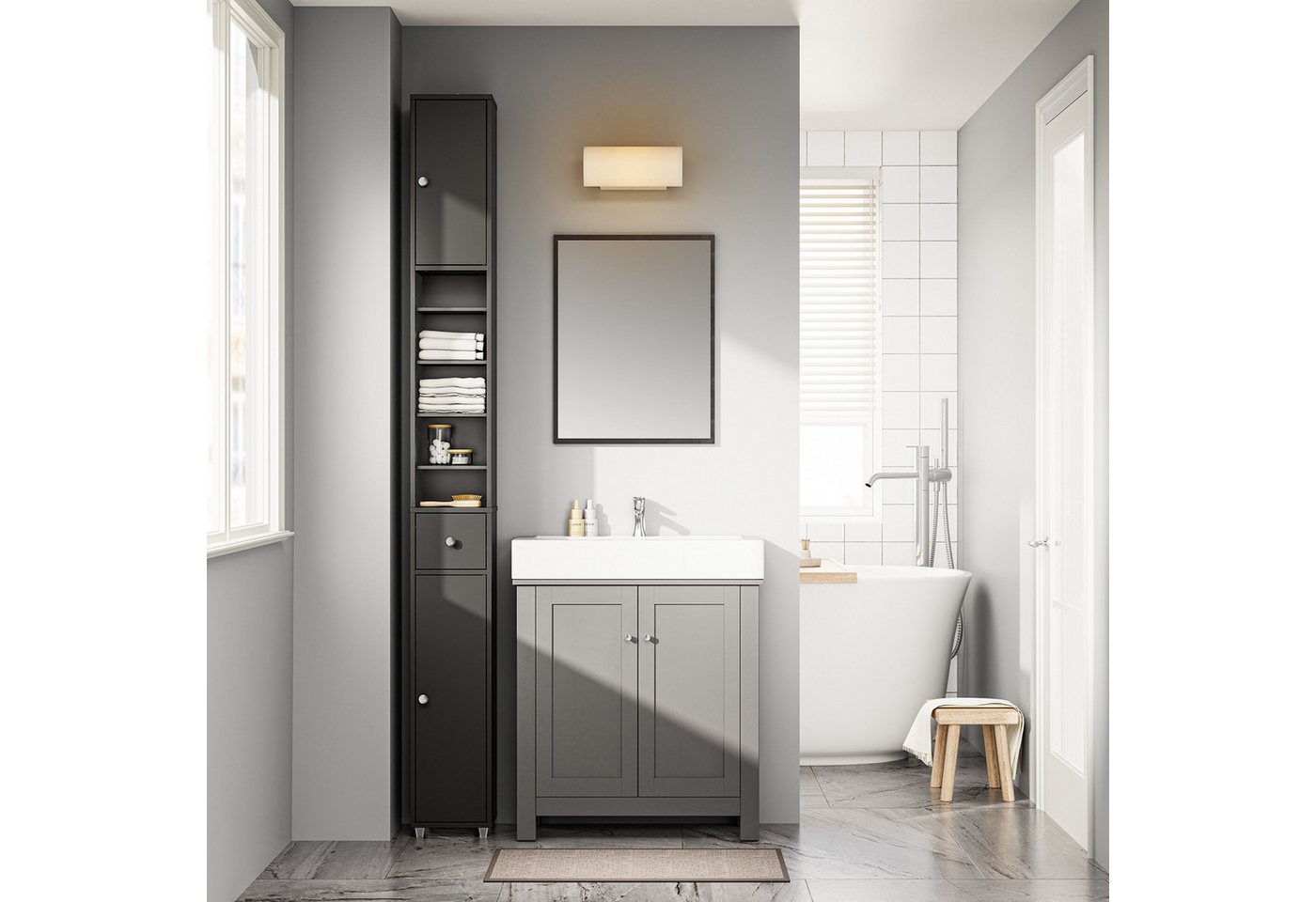 SoBuy Badkommode BZR34-II, Badschrank schmal, Badezimmermöbel, Wasserabweisender, Badzimmerschrank mit verstellbare Ablagen Badkommode schmal Badezimmer – Bild 2 von 5