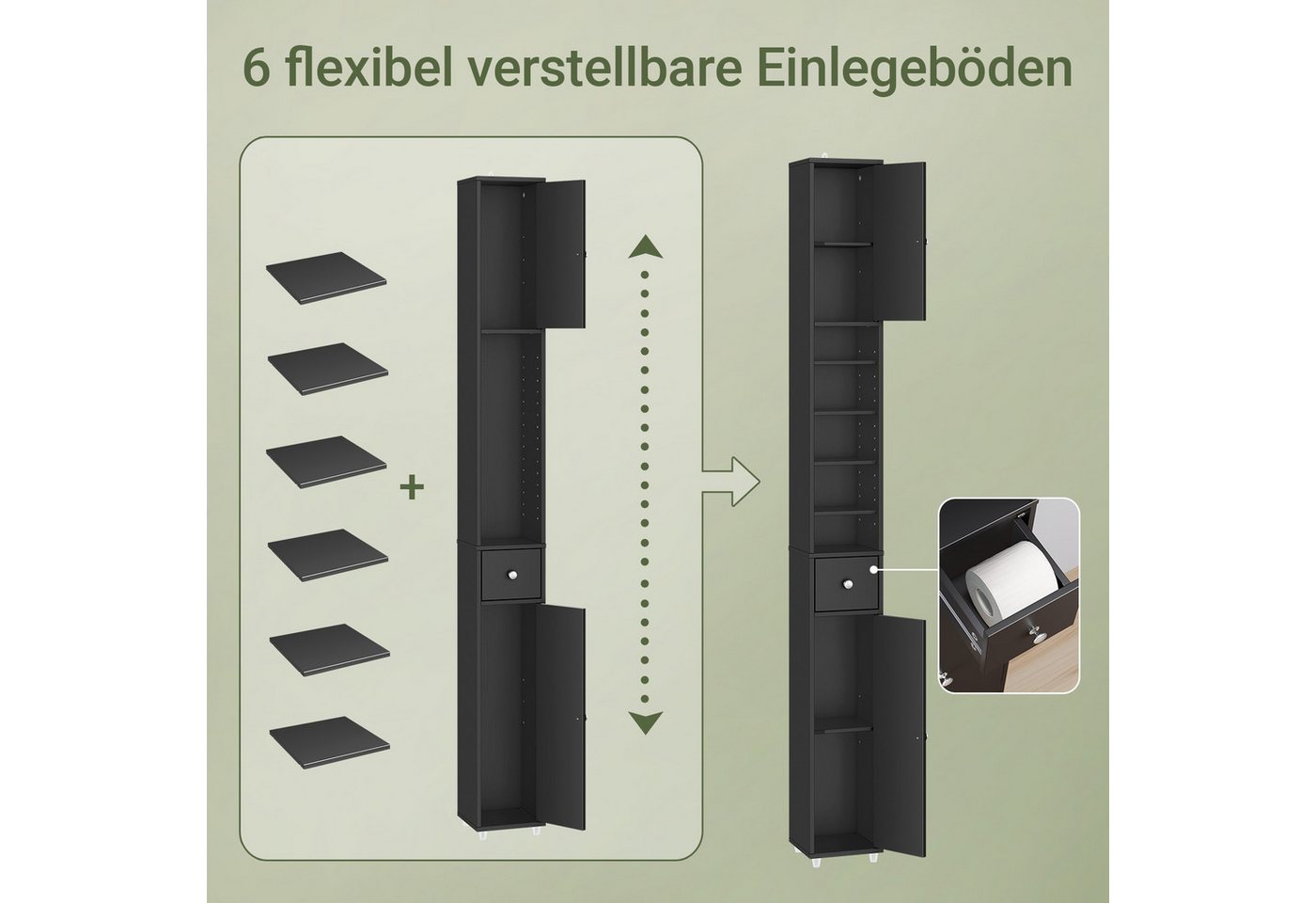 SoBuy Badkommode BZR34-II, Badschrank schmal, Badezimmermöbel, Wasserabweisender, Badzimmerschrank mit verstellbare Ablagen Badkommode schmal Badezimmer – Bild 4 von 5