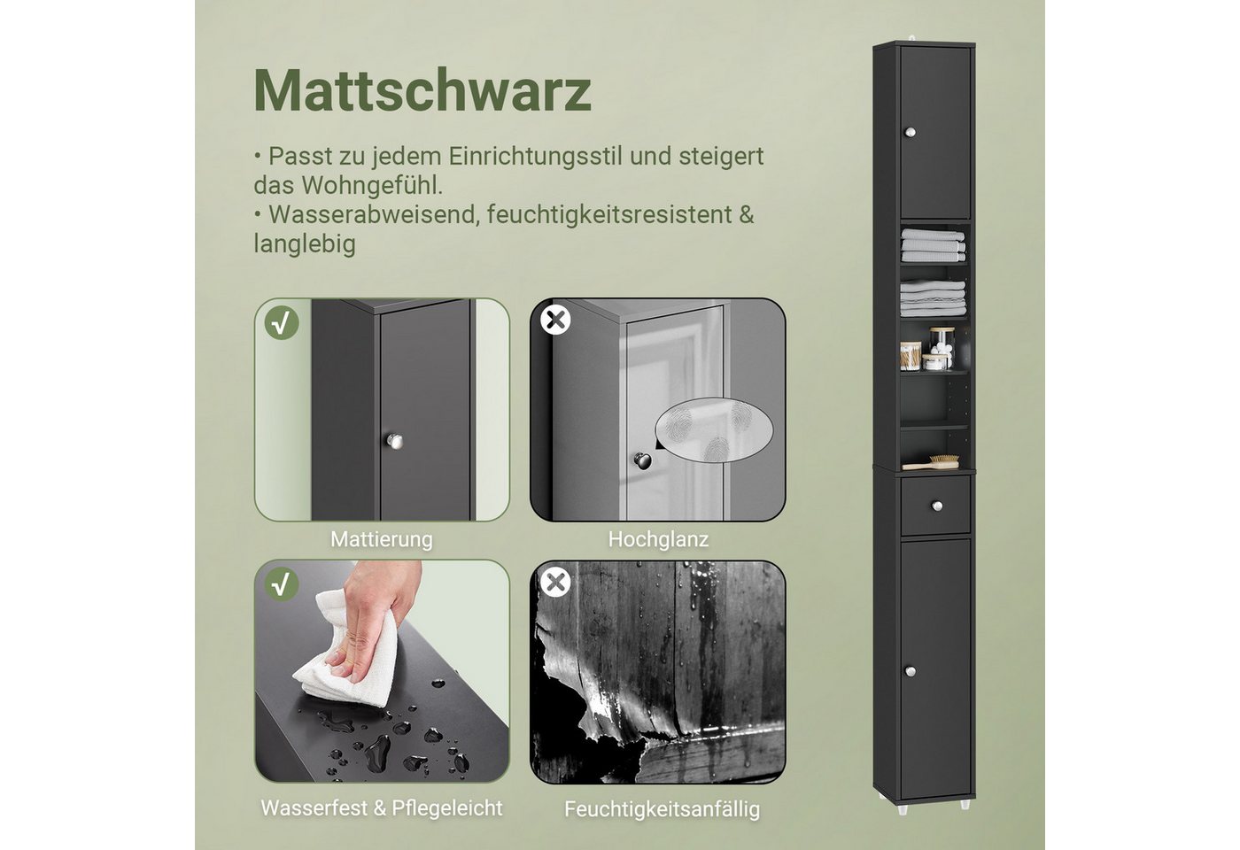 SoBuy Badkommode BZR34-II, Badschrank schmal, Badezimmermöbel, Wasserabweisender, Badzimmerschrank mit verstellbare Ablagen Badkommode schmal Badezimmer – Bild 5 von 5