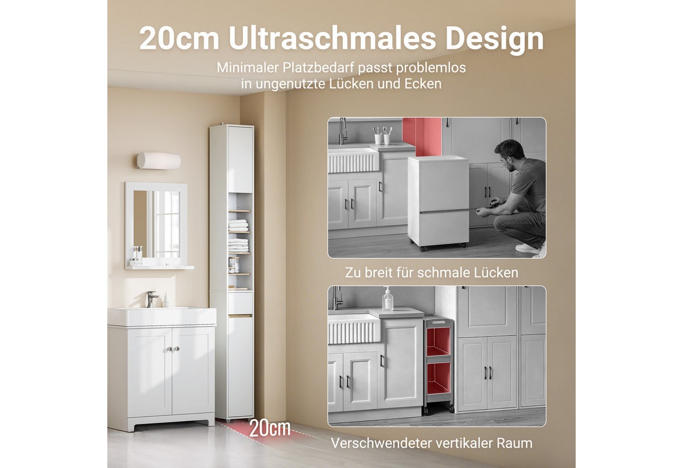SoBuy Badkommode BZR34-II, Badschrank schmal, Badezimmermöbel, Wasserabweisender, Badzimmerschrank mit verstellbare Ablagen Badkommode schmal Badezimmer – Bild 4 von 5