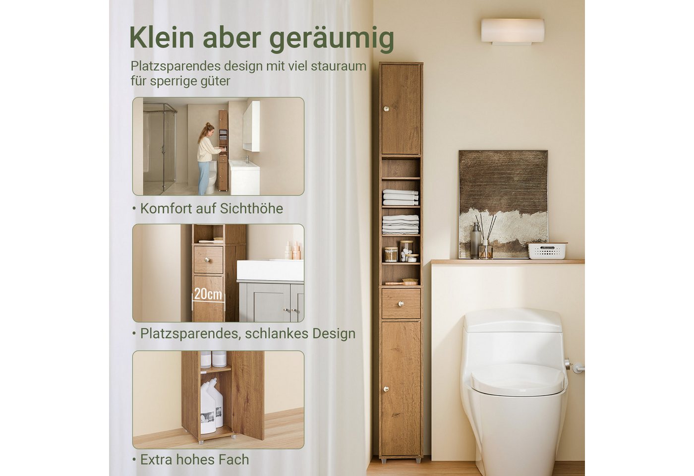 SoBuy Badkommode BZR34-II, Badschrank schmal, Badezimmermöbel, Wasserabweisender, Badzimmerschrank mit verstellbare Ablagen Badkommode schmal Badezimmer – Bild 3 von 5