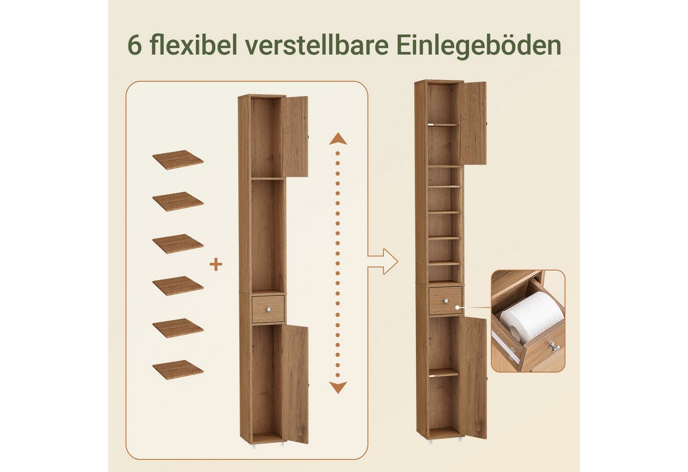 SoBuy Badkommode BZR34-II, Badschrank schmal, Badezimmermöbel, Wasserabweisender, Badzimmerschrank mit verstellbare Ablagen Badkommode schmal Badezimmer – Bild 4 von 5