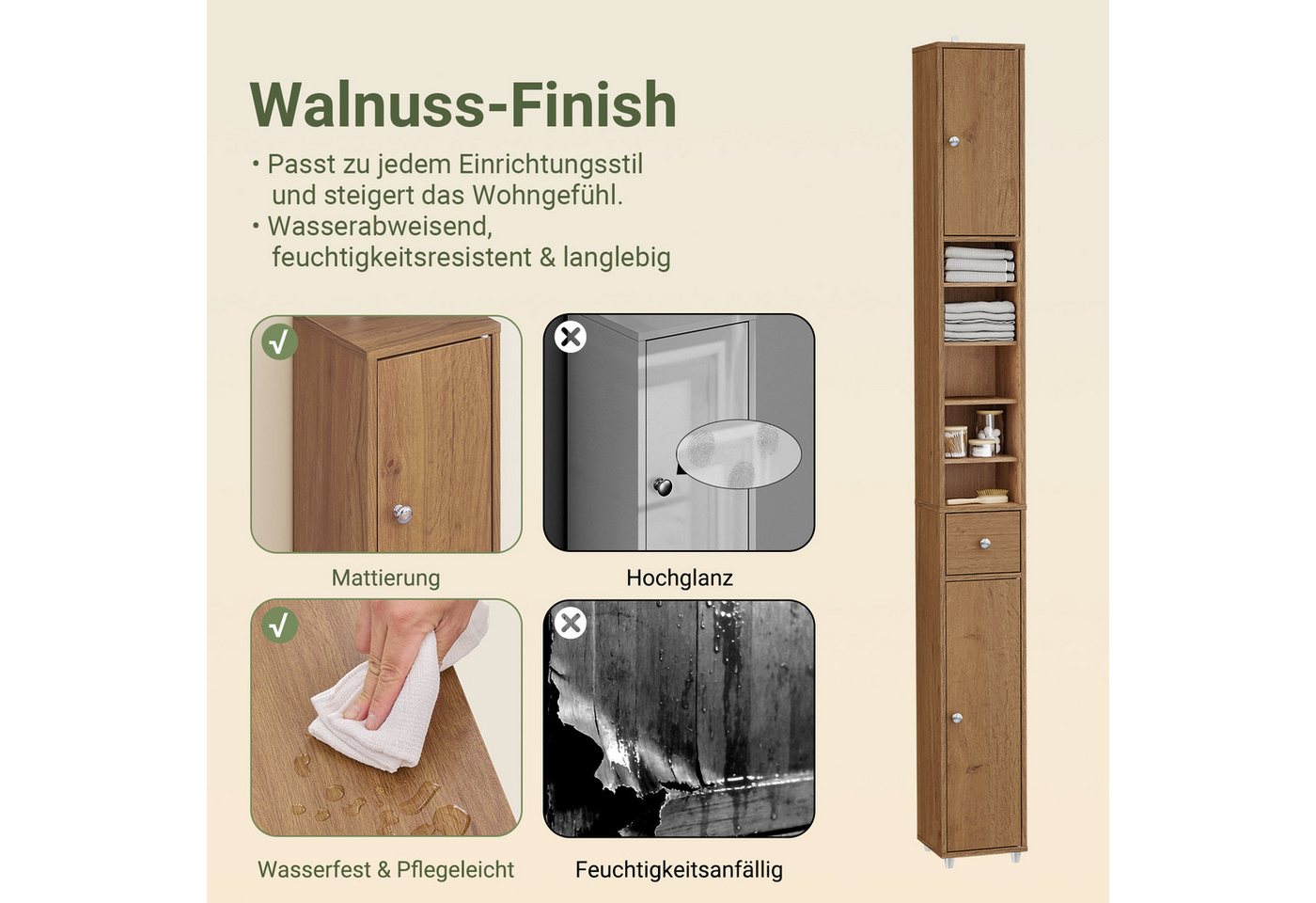 SoBuy Badkommode BZR34-II, Badschrank schmal, Badezimmermöbel, Wasserabweisender, Badzimmerschrank mit verstellbare Ablagen Badkommode schmal Badezimmer – Bild 5 von 5