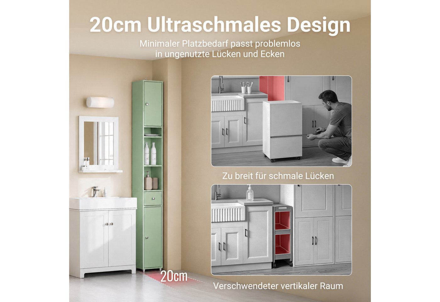SoBuy Badkommode BZR34-II, Badschrank schmal, Badezimmermöbel, Wasserabweisender, Badzimmerschrank mit verstellbare Ablagen Badkommode schmal Badezimmer – Bild 3 von 5