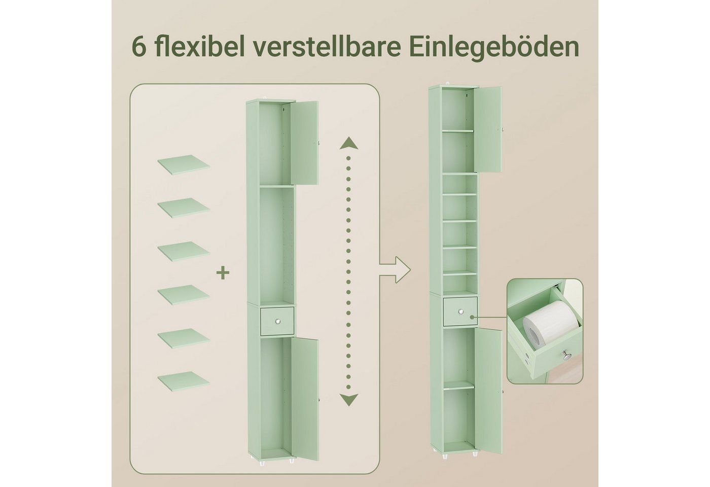 SoBuy Badkommode BZR34-II, Badschrank schmal, Badezimmermöbel, Wasserabweisender, Badzimmerschrank mit verstellbare Ablagen Badkommode schmal Badezimmer – Bild 4 von 5