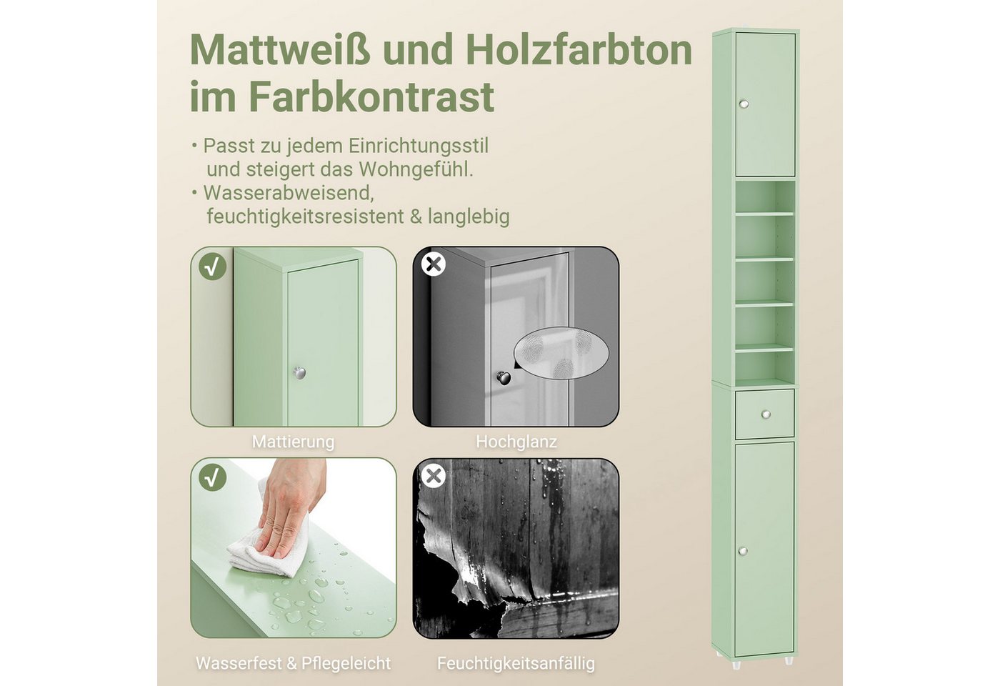 SoBuy Badkommode BZR34-II, Badschrank schmal, Badezimmermöbel, Wasserabweisender, Badzimmerschrank mit verstellbare Ablagen Badkommode schmal Badezimmer – Bild 5 von 5