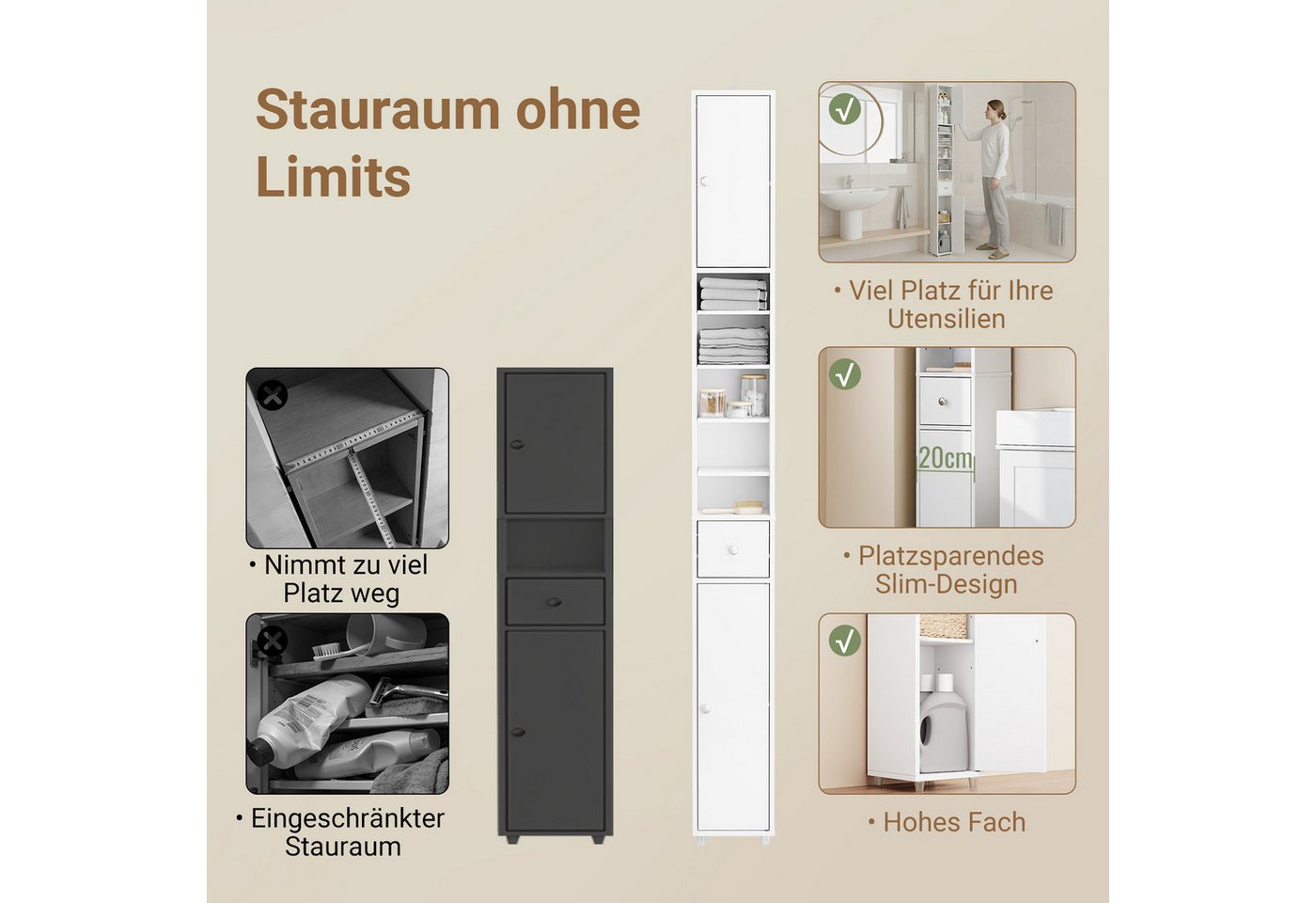 SoBuy Badkommode BZR34-II, Badschrank schmal, Badezimmermöbel, Wasserabweisender, Badzimmerschrank mit verstellbare Ablagen Badkommode schmal Badezimmer – Bild 3 von 5