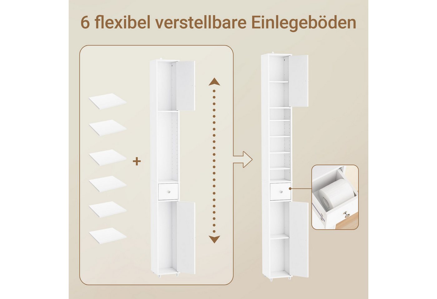SoBuy Badkommode BZR34-II, Badschrank schmal, Badezimmermöbel, Wasserabweisender, Badzimmerschrank mit verstellbare Ablagen Badkommode schmal Badezimmer – Bild 4 von 5