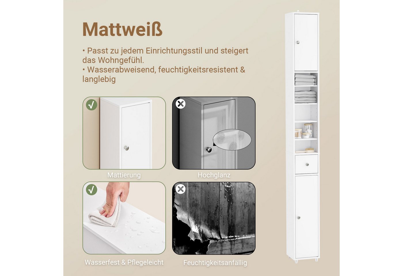 SoBuy Badkommode BZR34-II, Badschrank schmal, Badezimmermöbel, Wasserabweisender, Badzimmerschrank mit verstellbare Ablagen Badkommode schmal Badezimmer – Bild 5 von 5