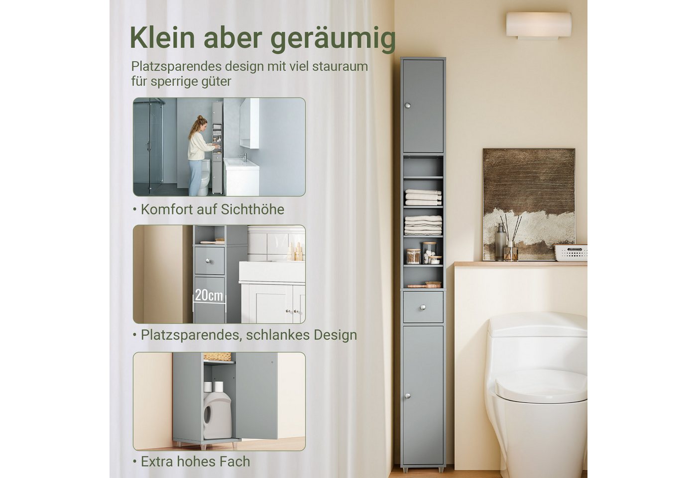 SoBuy Badkommode BZR34-II, Badschrank schmal, Badezimmermöbel, Wasserabweisender, Badzimmerschrank mit verstellbare Ablagen Badkommode schmal Badezimmer – Bild 3 von 5