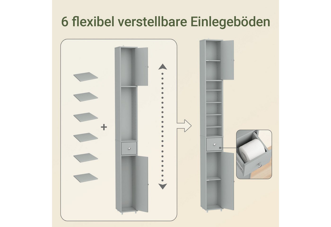 SoBuy Badkommode BZR34-II, Badschrank schmal, Badezimmermöbel, Wasserabweisender, Badzimmerschrank mit verstellbare Ablagen Badkommode schmal Badezimmer – Bild 4 von 5