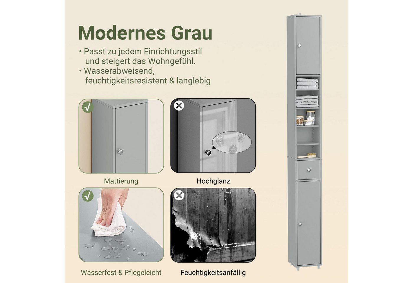 SoBuy Badkommode BZR34-II, Badschrank schmal, Badezimmermöbel, Wasserabweisender, Badzimmerschrank mit verstellbare Ablagen Badkommode schmal Badezimmer – Bild 5 von 5