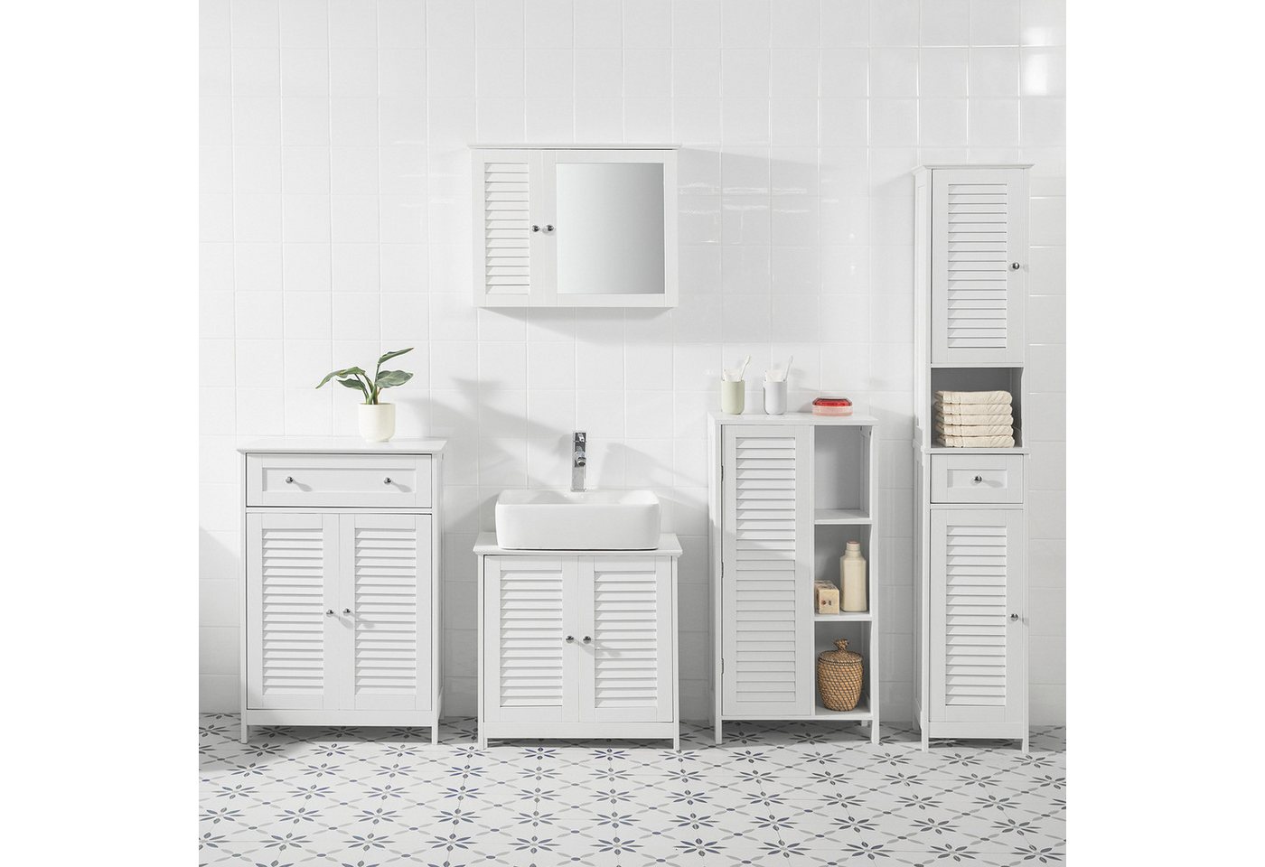 SoBuy Badkommode BZR39, Hochschrank Beistellschrank Badmöbel, verstellbaren Ablagen, Badschrank mit Lamellentür Badezimmerschrank Aufbewahrungsschrank – Bild 2 von 5