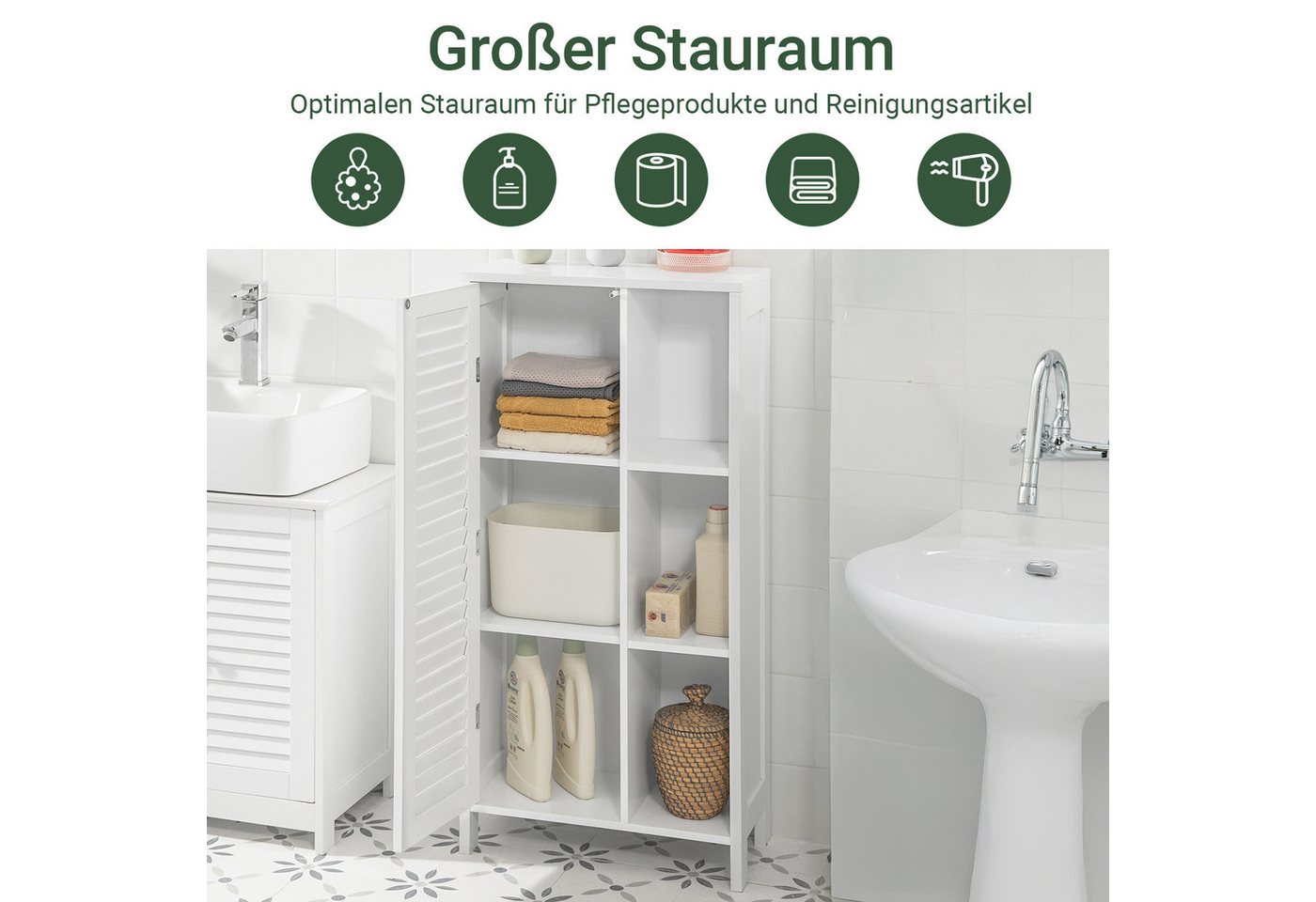 SoBuy Badkommode BZR39, Hochschrank Beistellschrank Badmöbel, verstellbaren Ablagen, Badschrank mit Lamellentür Badezimmerschrank Aufbewahrungsschrank – Bild 3 von 5