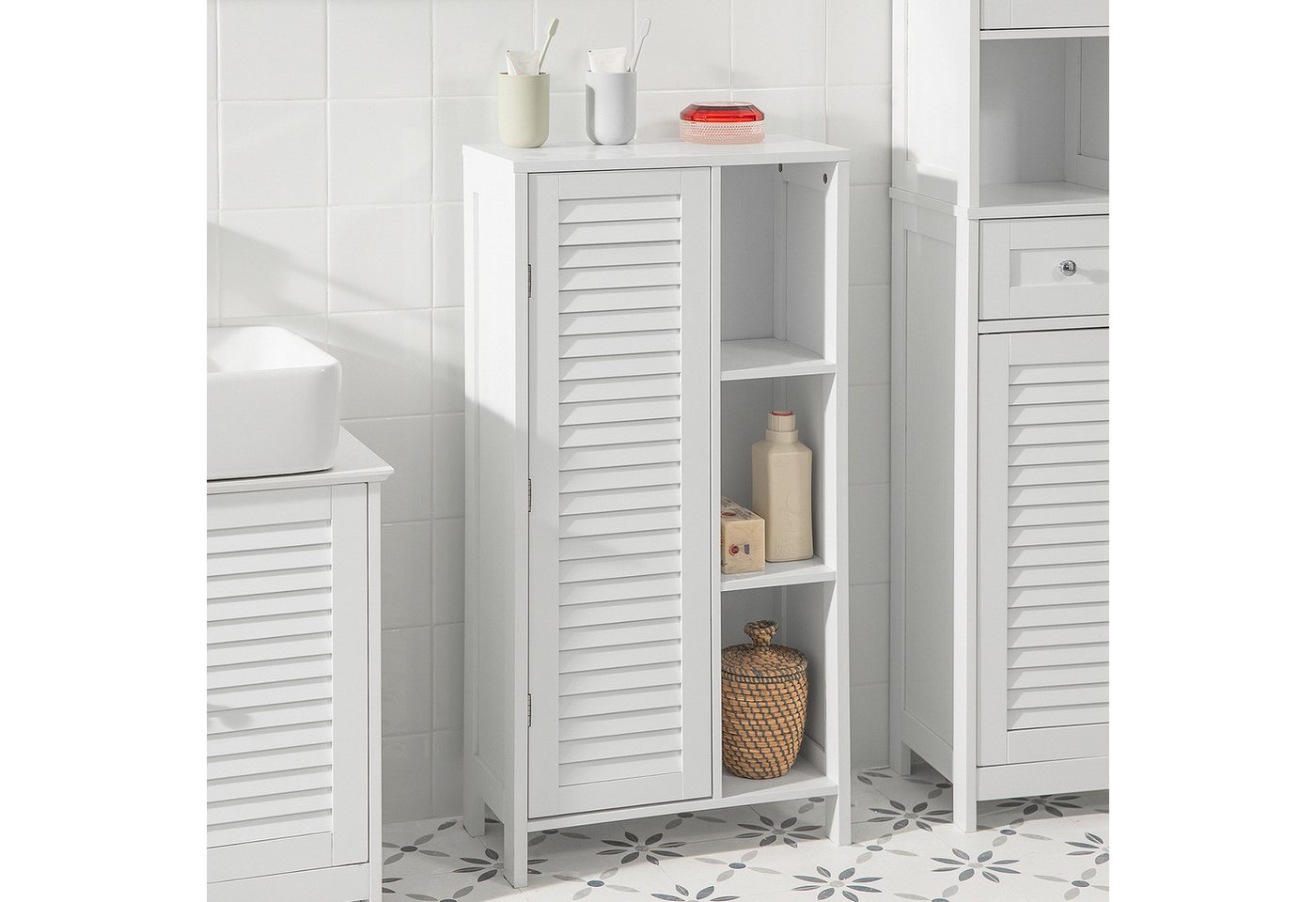 SoBuy Badkommode BZR39, Hochschrank Beistellschrank Badmöbel, verstellbaren Ablagen, Badschrank mit Lamellentür Badezimmerschrank Aufbewahrungsschrank – Bild 4 von 5