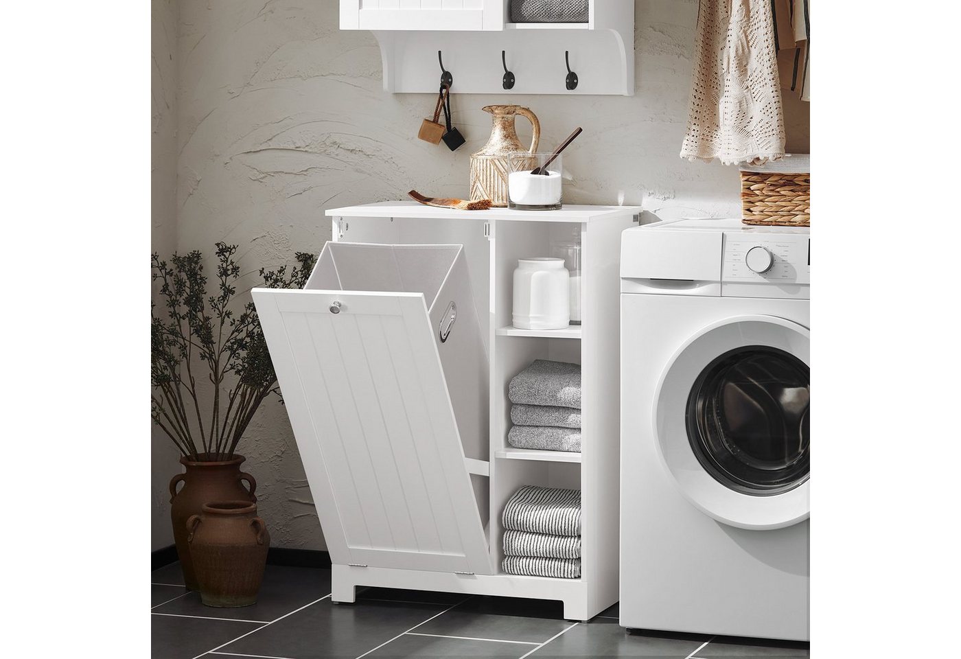 SoBuy Badkommode DE1-BZR105, Wäscheschrank mit Wäschekorb, Badschrank, Badmöbel, Badezimmerschrank mit Wäschekorb, Wäschesammler Wäscheschrank Weiß – Bild 2 von 5