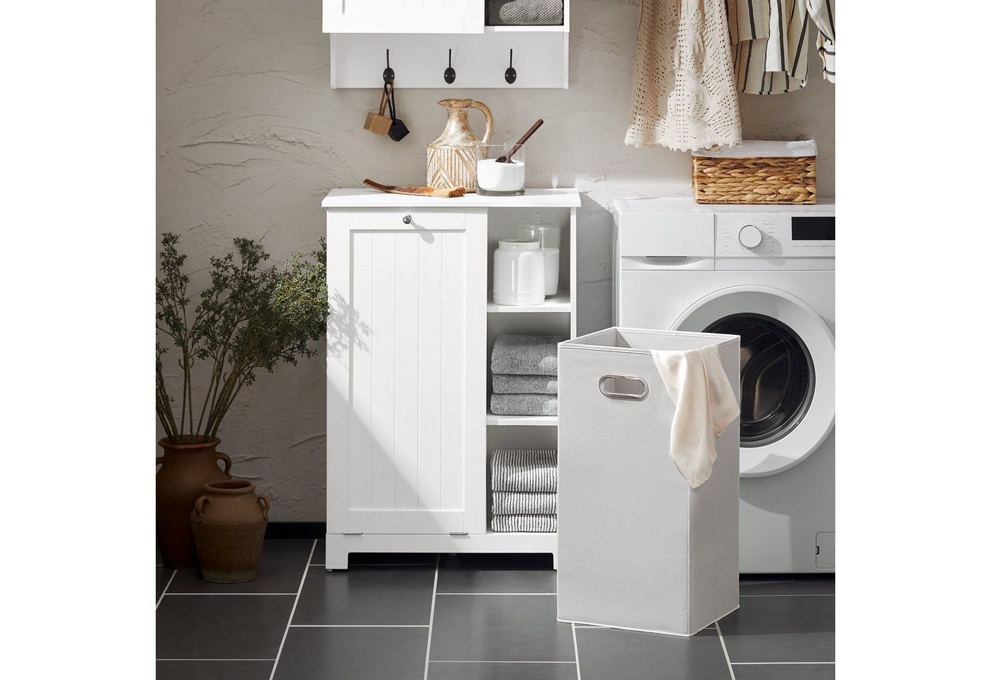 SoBuy Badkommode DE1-BZR105, Wäscheschrank mit Wäschekorb, Badschrank, Badmöbel, Badezimmerschrank mit Wäschekorb, Wäschesammler Wäscheschrank Weiß – Bild 3 von 5