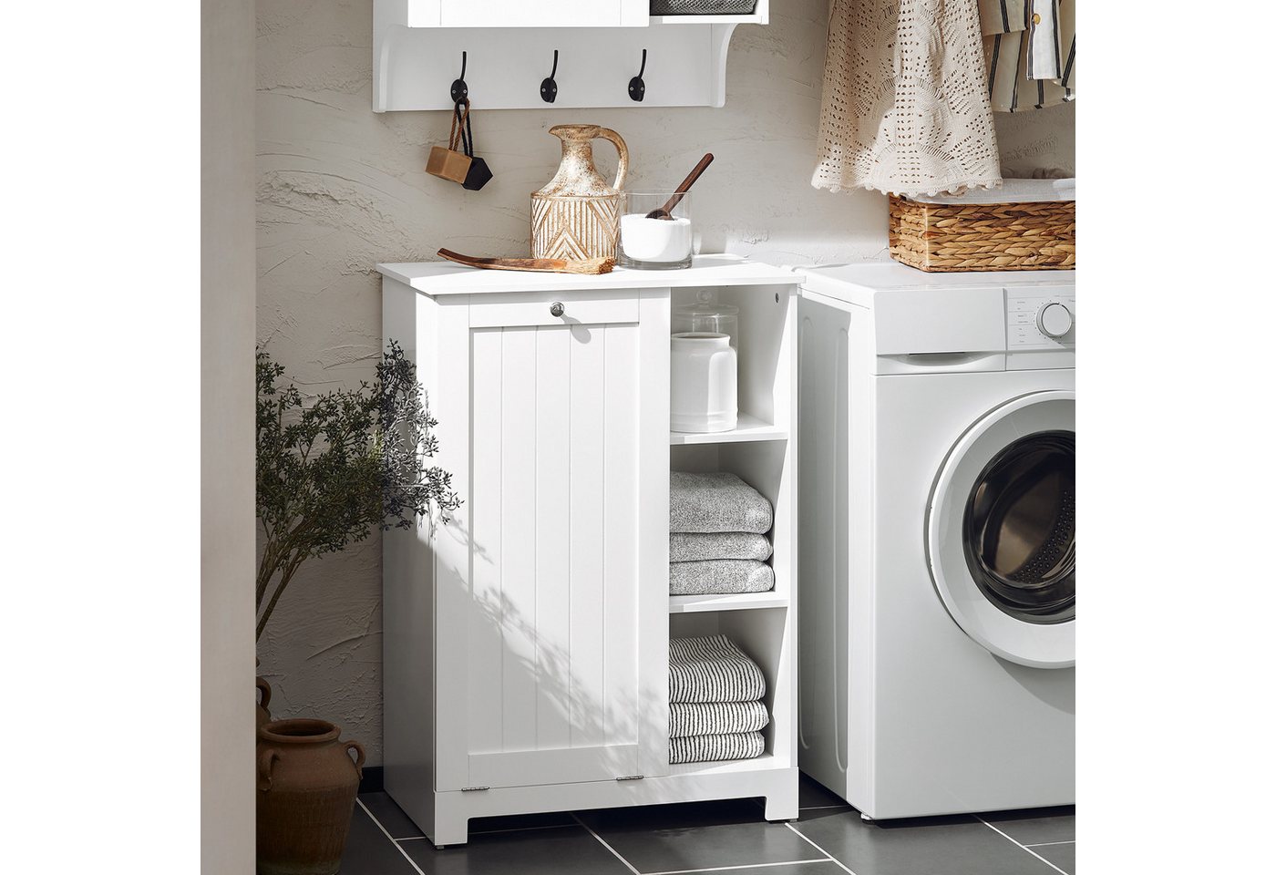 SoBuy Badkommode DE1-BZR105, Wäscheschrank mit Wäschekorb, Badschrank, Badmöbel, Badezimmerschrank mit Wäschekorb, Wäschesammler Wäscheschrank Weiß – Bild 5 von 5