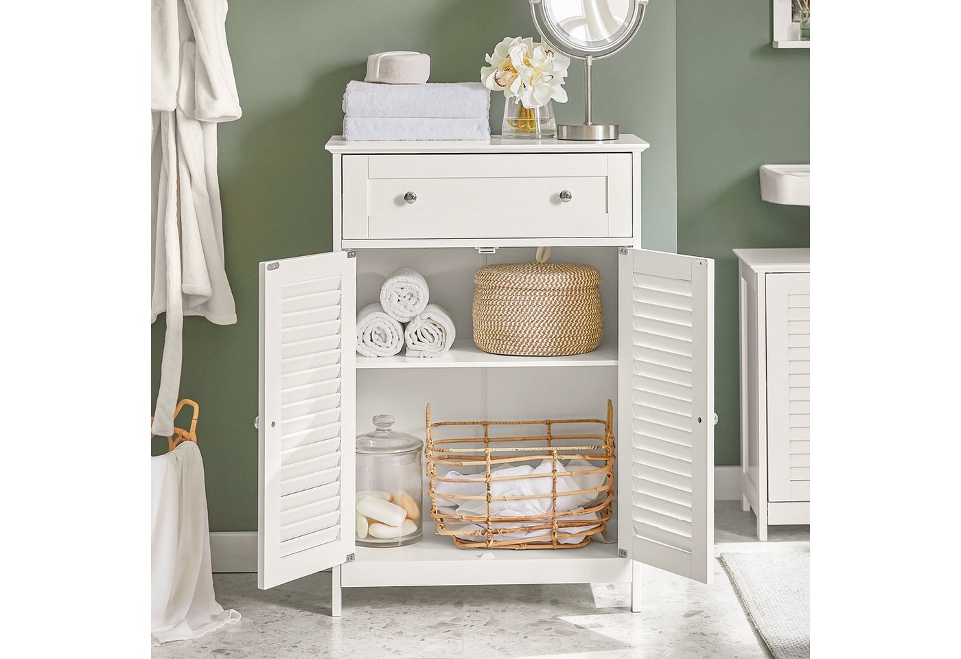 SoBuy Badkommode FRG238, Badezimmerschrank Aufbewahrungsschrank Doppeltürschrank, Badmöbel Sideboard Flurschrank, mit 2 Türen, verstellbare Ablagen – Bild 3 von 5