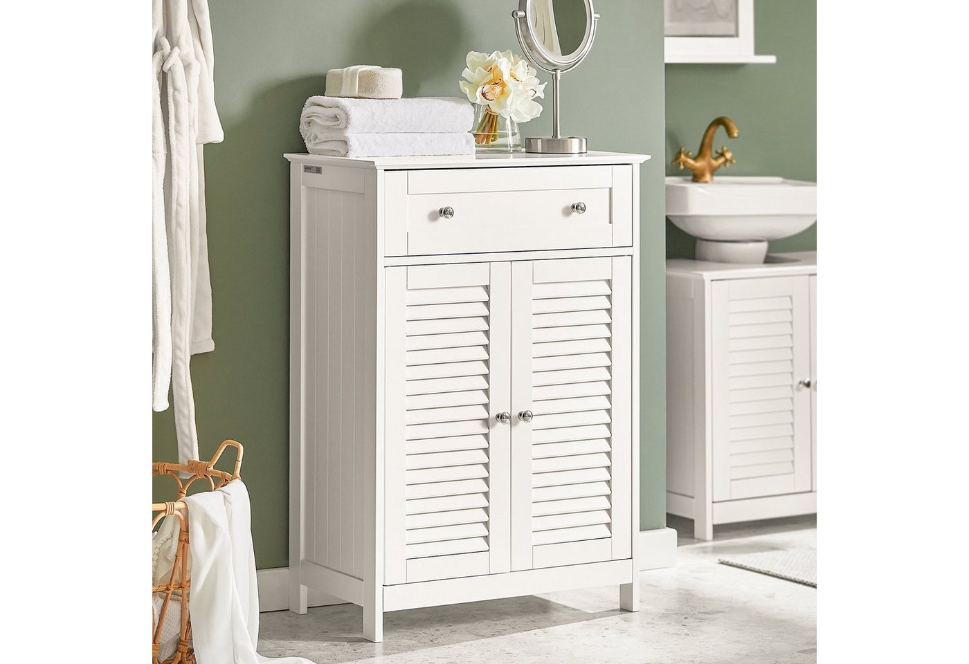 SoBuy Badkommode FRG238, Badezimmerschrank Aufbewahrungsschrank Doppeltürschrank, Badmöbel Sideboard Flurschrank, mit 2 Türen, verstellbare Ablagen – Bild 4 von 5